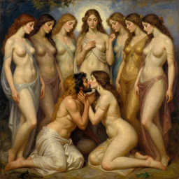 beautiful oil painting of a brown man and his 7 wives in the afterlife. the beautiful curvy women are in love with their husband. lovely scene