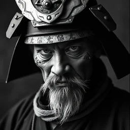 portrait old samurai hero, cyberpunk style, surreal, mystical, leica 1 9 2 0, by man ray, black and white