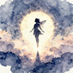 a beautiful watercolor painting of a silhouetted sprite's ascension into the light, digital painting, artstation, concept art, lighting by delphin enjolras, smooth, sharp focus, dynamic lighting, ultrarealistic, cinematic, octane render, 8 k