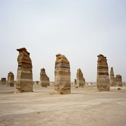 a desolate arid landscape with pillars of banded agate reaching the sky