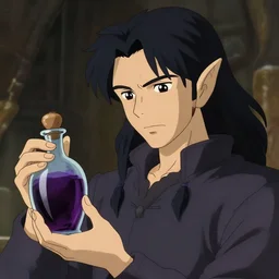 close shot of a male aasimar alchemist, ear - length raven - black hair, holding a bottle of poison, artstation, cartoon, elegant, highly detailed, digital painting, concept art, smooth, sharp focus, illustration, art by ghibli, makoto shinkai, don bluth, fujita goro, jean giraud, atey ghailan, akihiko yoshida,