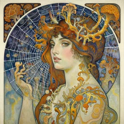 an insanely detailed oil painting of a woman, intricate detailed spiderweb, mycelia, fantasy, hyper detailed, colorfull, intense colors, concept art, by greg rutkowski, by alphonse mucha, by moebius
