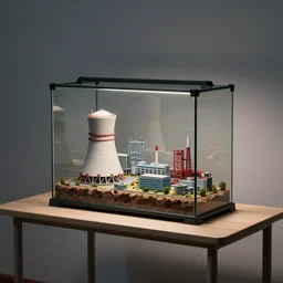 a large terrarium with a diorama of a nuclear power industrial site inside on top of a minimalist table, lit from the side
