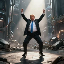 trump dancing, heroic shot, post apocalyptic, cyberpunk