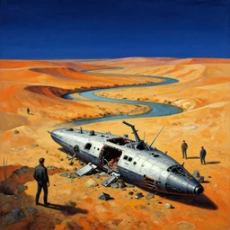 the spaceship crash site at a dry desert river bed by ivan shishkin and zacharias aagaard and simon stalenhag and escher, surrealism, chiaroscuro, tonalism, sfumato, high saturation, high contrast, vibrant