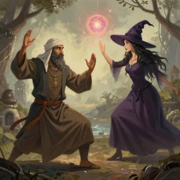sufi mystic, astrally projecting in metaphysical combat with a hedge witch, trending on artstation