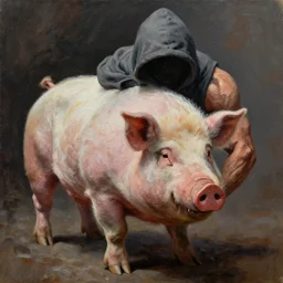 muscular pig  is a bodybuilder is wearing a hoodie , heavy texture natural rembrandt oil painting , aggressive pose