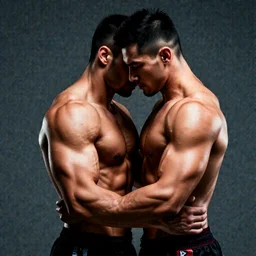 two muscular men in embrace