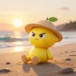 3 d render, chibi lemon character with an angry look on his face, he is wearing a hat, relaxing on the beach at sunset, beach, waves, sun, rim light, cinematic photography, professional, sand