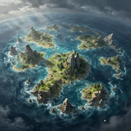 this is a land on an unforgiving world of churning oceans and jagged coastlines. every habitable island is situated somewhere along the planet's equator where the weather is still volatile but more hospitable than any points to the north or south, fantasy art