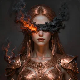 stunning goddess of copper smithing portrait, blinded, dark flames, smoke, fantasy, intricate, elegant, highly detailed, digital painting, artstation, concept art, smooth, sharp focus, illustration, art by afshar petros and krenz cushart and artem demura and tony sandoval