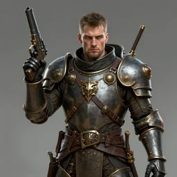 a man in armor holding a gun in his right hand, a character portrait by slawomir maniak, featured on polycount, shock art, official art, concept art, steampunk