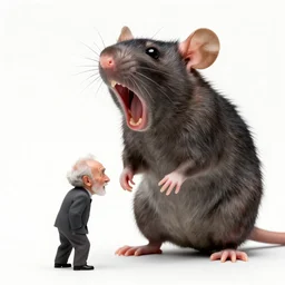 a tiny elderly man, giant forehead, screaming, giant rat, bold natural colors, national geographic photography, masterpiece, 8 k, raw, unedited, symmetrical balance