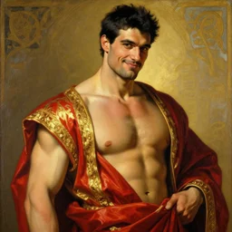 a tall muscular man with chiseled features, black hair, and tanned skin. he wears royal robes of red and gold and his expression is a witty smirk. portrait painting by artgerm and greg rutkowski and alphonse mucha
