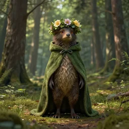 forest creature, cloak, flower crown, in an open forest, by Greg Rutkowski, trending on artstation, unreal engine, 4k, digital art