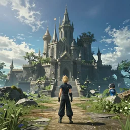 game trailer of a final fantasy 7 for playstation by studio ghibli, sharp, final fantasy seven trailer still, castle landscape, cinematic lighting, ray tracing, unreal engine 5, photorealistic