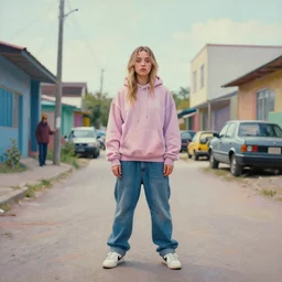 still from music video of sydney sweeney from die antwoord standing in a township street, wearing a hoodie, street clothes, full figure portrait painting by martine johanna, earl norem, wadim kashin, pastel color palette, 2 4 mm lens