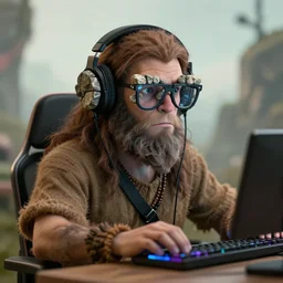 A neanderthal caveman gamer, wearing headphones and glasses made of rocks, realistic 4k