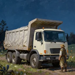 classic oil painting, a dump truck inside a large bed half way under the covers, night time, goodnight scene as a dnd character, cottagecore, highly detailed, digital illustration, concept art, smooth, sharp focus, art by greg hildebrandt, and tim hildebrandt