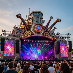 an outdoor festival stage with audience, center of the stage is a big futuristic dieselpunk machine with gears and belts and tubes, rock musicians on the stage, laser show, 8 k, fluorescent colors, halluzinogenic, multicolored, exaggerated detailed, unreal engine
