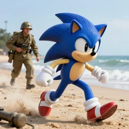 Sonic The Hedgehog in Saving Private Ryan storming Normandy beach as a ww2 soldier