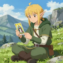 an wood elf boy getting ready for an high fantasy adventure on the mountain side, anime style, tarot card, Tarot card the fool