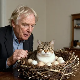 david attenborough explaining the life of cats, showing off a small cat in a big birds nest, shorthair cat, eggs. national geographic, strange, photorealistic