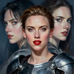 scarlett johansson female warrior, lovely delicate face, sophisticated armor, red sexy lips, smile, close - up shots of faces, oil painting, passion, bravery, intricate armour costumes, light and shadow effects, intricate, digital painting, art station, concept art, cold tones, sharp focus, morandi color scheme, sharply shaped, illustration, art by makoto shinkai and lois van baarle