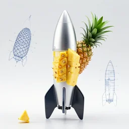 high quality product photo of a rocket pineapple launcher, futuristic design, blueprints included