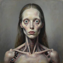 hr giger portrait oil award winning monstrosity horror humanoid biomechanical woman zdzisław beksinski muted detailed hyperreal veins eyeballs