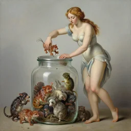 a painting of pandora opening her jar, releasing critters that impersonate sickness and death in the style of realism, art nouveau she is dressed modestly