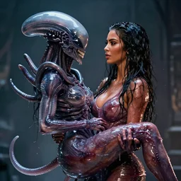 film still of kim kardashian being held tightly by an xenomorph slathered in a transparent alien liquid, wet flowing hair, gooey skin, illustration, unreal engine 5, 8 k, directed by h. r. giger.