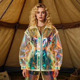 vertical photo of polish female in chromatic futuristic translucent jacket, blonde, curly hair, symmetrical beautiful face, cyberpunk, native costume, standing in the primitive tent, prismatic neon, fashion editorial photography, hyperrealistic, from vogue magazine, reflections, refraction, gold, teal, orange