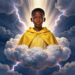 upper half portrait of an african boy in a yellow cape - inside a group of clouds - surrounded by bolts of lightning with rays of light emanating from clouds - in drew struzan movie poster style, art by drew struzan & hsiao - ron cheng, highly detailed, digital painting, ray tracing, illustration, smooth, sharp focus, intricate, symmetry, artstation,