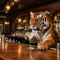 photo of a tiger drinking a martini in a bar, wide angle, highly - detailed realistic