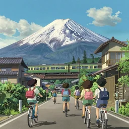 blue sky and white clouds, mount fuji in the distance, and a train speeding by in the middle view. close up a japanese villa, girls riding bicycles and carrying school bags on an uphill road. animation style by miyazaki hayao