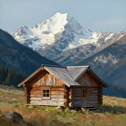 log cabin by mountain art by simon stalenhag