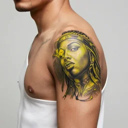 a man with a black and tellow wiz khalifa tattoo on his back, a tattoo by richard mortensen, reddit contest winner, primitivism, tattoo, detailed, intricate