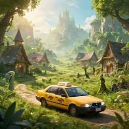 xenomorph taxi car in a fantasy village, calming, uplifting mood, ultra realistic, farm, small buildings, highly detailed, atmosphere, masterpiece, epic lighting, elves, green plants, magic, illuminated, 4 k, cinematic, morning sun, art by eddie mendoza and sylvain sarrailh and jonathan berube