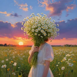 girl with a full daisies head, surreal photography, flower field, sunset dramatic light, impressionist painting, colorful clouds, blue sky, digital painting, artstation, simon stalenhag