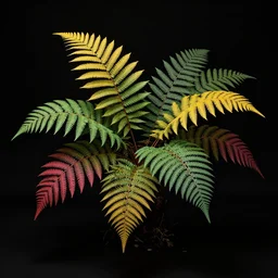 colorful beautiful leaves of fern plant, volumetric dramatic light, dark black background, sharp focus, highly realistic, octane render, art by greg rutsowski