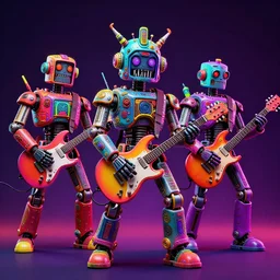 album art, rockband with 3 dieselpunk robots playing guitar, robos rock, 8 k, flourescent colors, halluzinogenic, multicolored, exaggerated detailed, front shot, 3 d render, octane