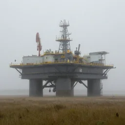 on a foggy morning, stormy misty huge oil platform on the prairie, by john singer sargent