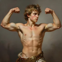hyperrealistic painted portrait of rugged young teen twink zeus greek god showing biceps, dynamic pose, handsome handsome detailed digital painting trending artstation concept art sharp focus illustration art by alphonse mucha greg rutkowski