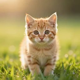 cute fluffy orange tabby kitten, golden hour, grass