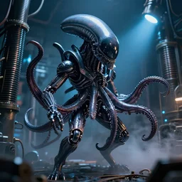 2 8 mm closeup portrait of a wet black metallic chrome mass effect robotic cthulhu lovecraft octopus xenomorph alien in a science fiction tesla coil engine room, pipes, wires, dramatic lighting, octane, blue lights, lens flare, industrial, dirty, trending on artstation, golden ratio, mist, action, volumetric lighting