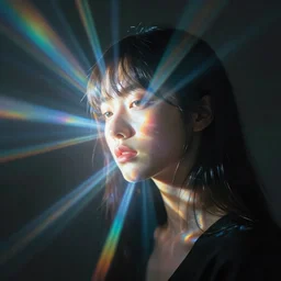 “Kio the prismatic person, refracted light, caustics, light rays shining through, 4k photo”