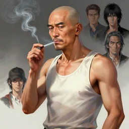concept art for a balding middle - aged character wearing a singlet while smoking, by dustin nguyen, akihiko yoshida, greg tocchini, trending on artstation, 8 k
