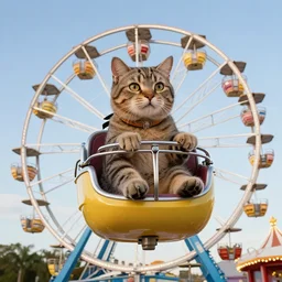 !!! cat!!!, ferris wheel, ( tivoli ), sitting, riding, funny, award winning photo, realistic,