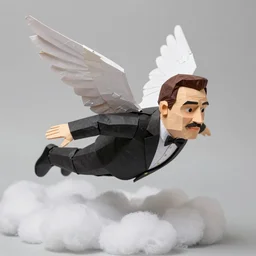 a winged danny devito flying through the clouded as papier - mache